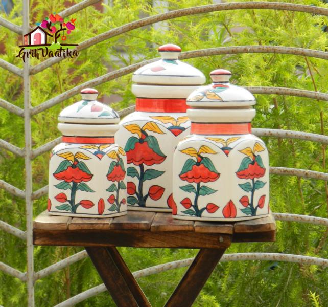 Handcrafted Ceramic Kitchen Storage Airtight Jars with lids - 3 Piece Multi-coloured Container Set