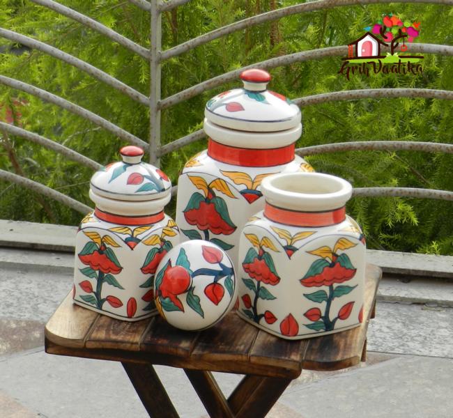 Handcrafted Ceramic Kitchen Storage Airtight Jars with lids - 3 Piece Multi-coloured Container Set