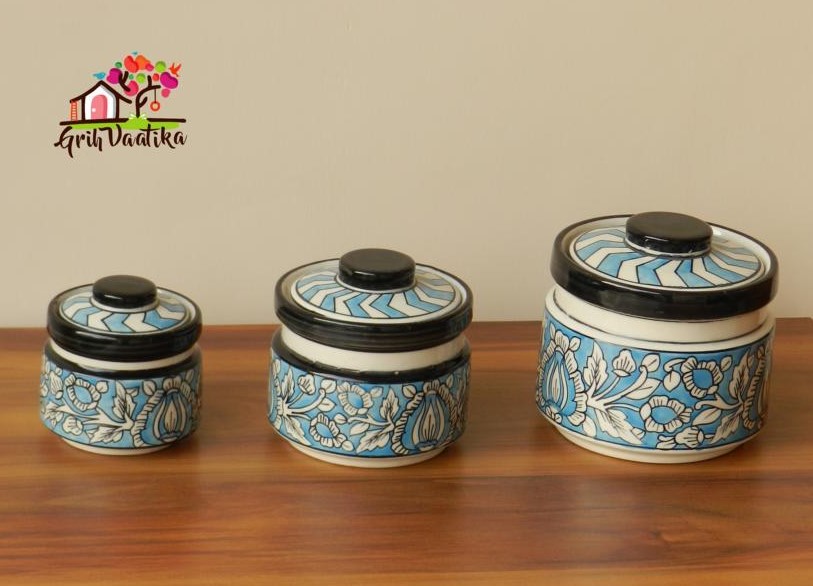 Sky Blue Handcrafted Ceramic Kitchen Storage Jars with lids - 3 Piece Set