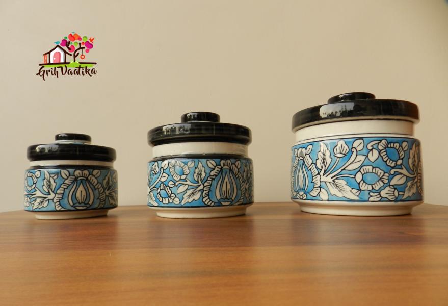 Sky Blue Handcrafted Ceramic Kitchen Storage Jars with lids - 3 Piece Set