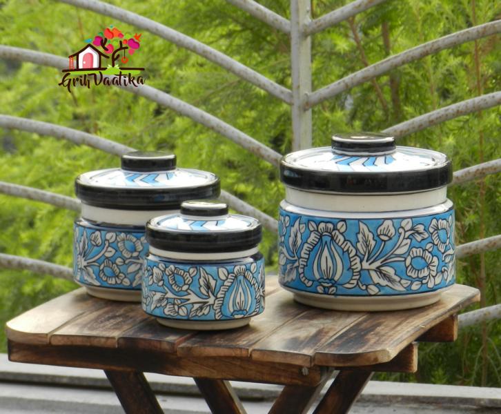 Sky Blue Handcrafted Ceramic Kitchen Storage Jars with lids - 3 Piece Set