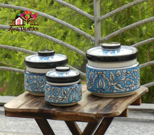 Sky Blue Handcrafted Ceramic Kitchen Storage Jars with lids - 3 Piece Set