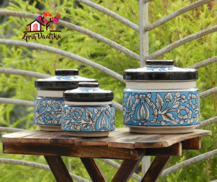 Sky Blue Handcrafted Ceramic Kitchen Storage Jars with lids - 3 Piece Set