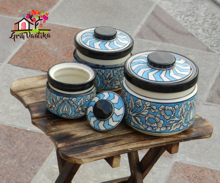 Sky Blue Handcrafted Ceramic Kitchen Storage Jars with lids - 3 Piece Set