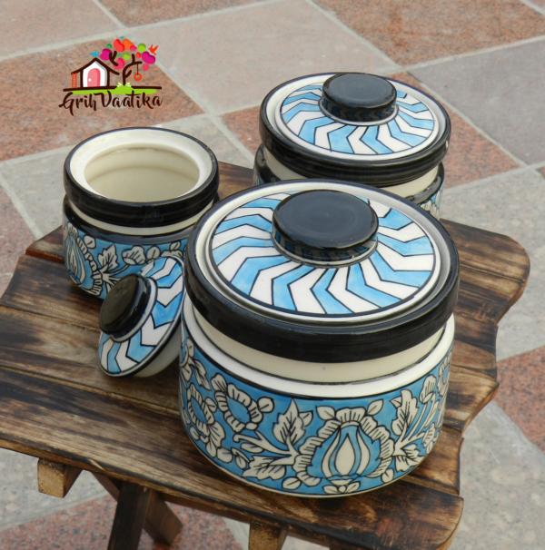 Sky Blue Handcrafted Ceramic Kitchen Storage Jars with lids - 3 Piece Set