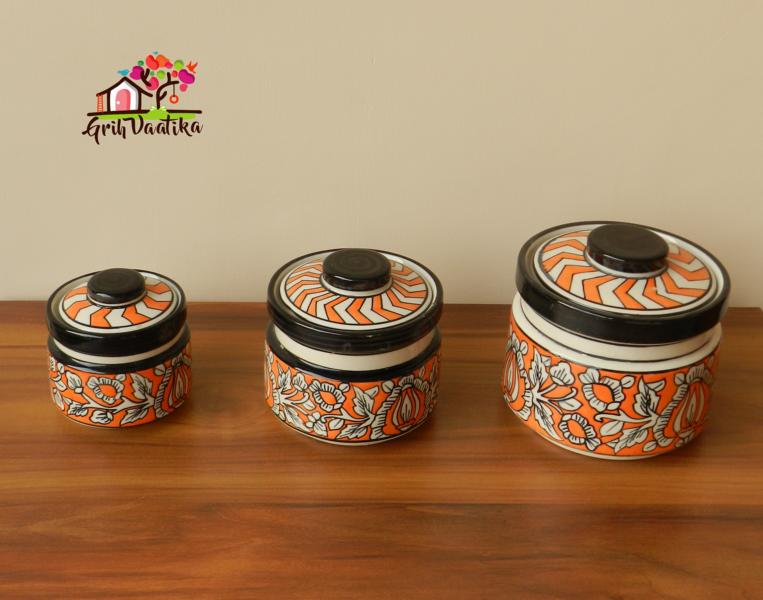 Rustic Red Handcrafted Decorative Ceramic Kitchen Storage Jars with lids - 3 Piece Set
