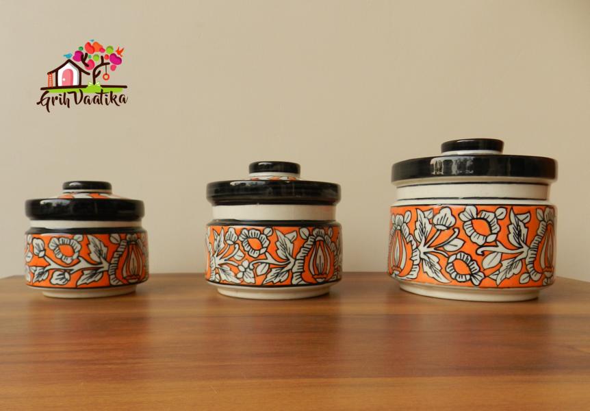 Rustic Red Handcrafted Decorative Ceramic Kitchen Storage Jars with lids - 3 Piece Set