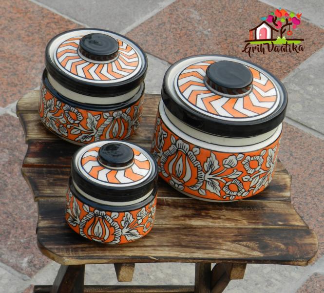 Rustic Red Handcrafted Decorative Ceramic Kitchen Storage Jars with lids - 3 Piece Set