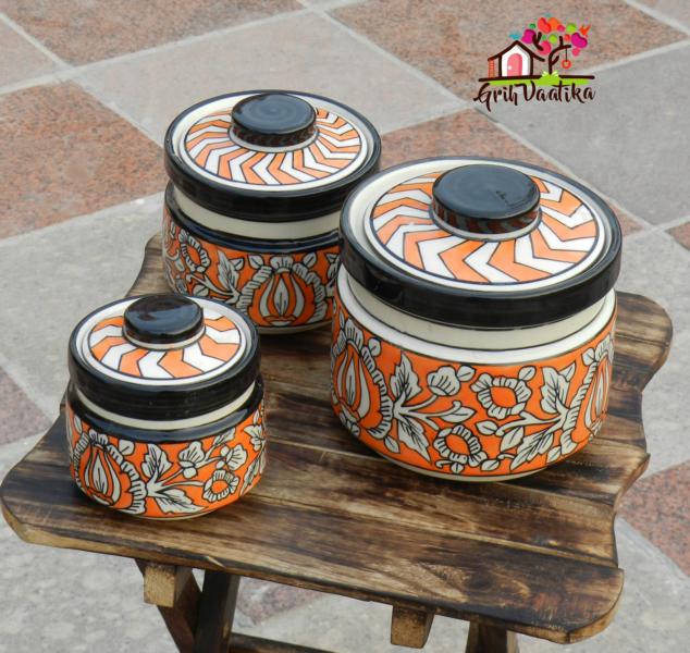 Rustic Red Handcrafted Decorative Ceramic Kitchen Storage Jars with lids - 3 Piece Set