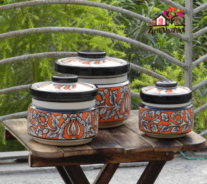 Rustic Red Handcrafted Decorative Ceramic Kitchen Storage Jars with lids - 3 Piece Set