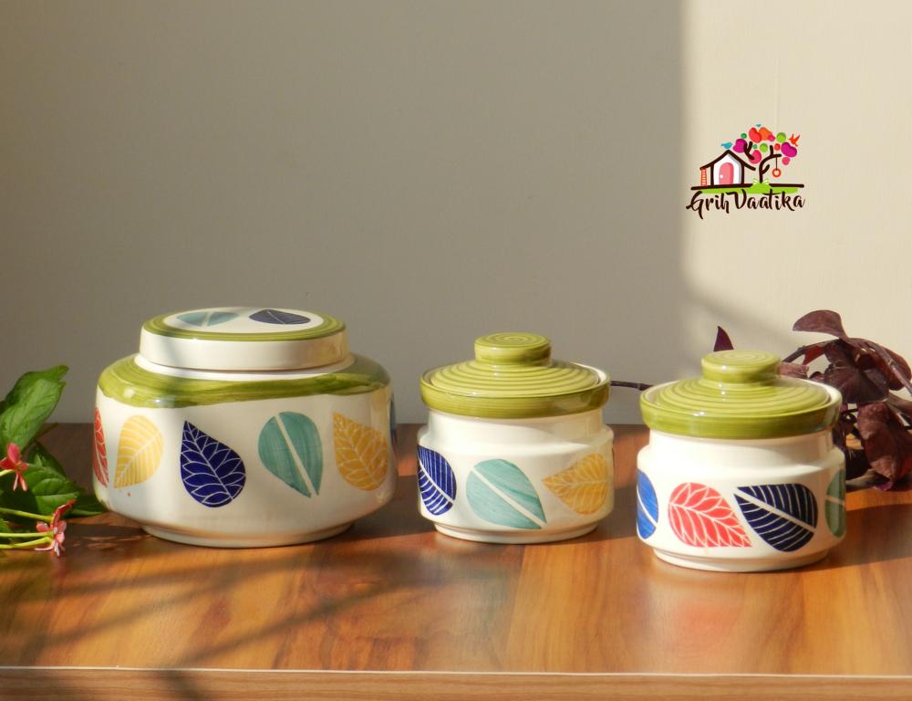 Hand painted Colourful Leaves Ceramic Kitchen Storage Jars (Set of 3)