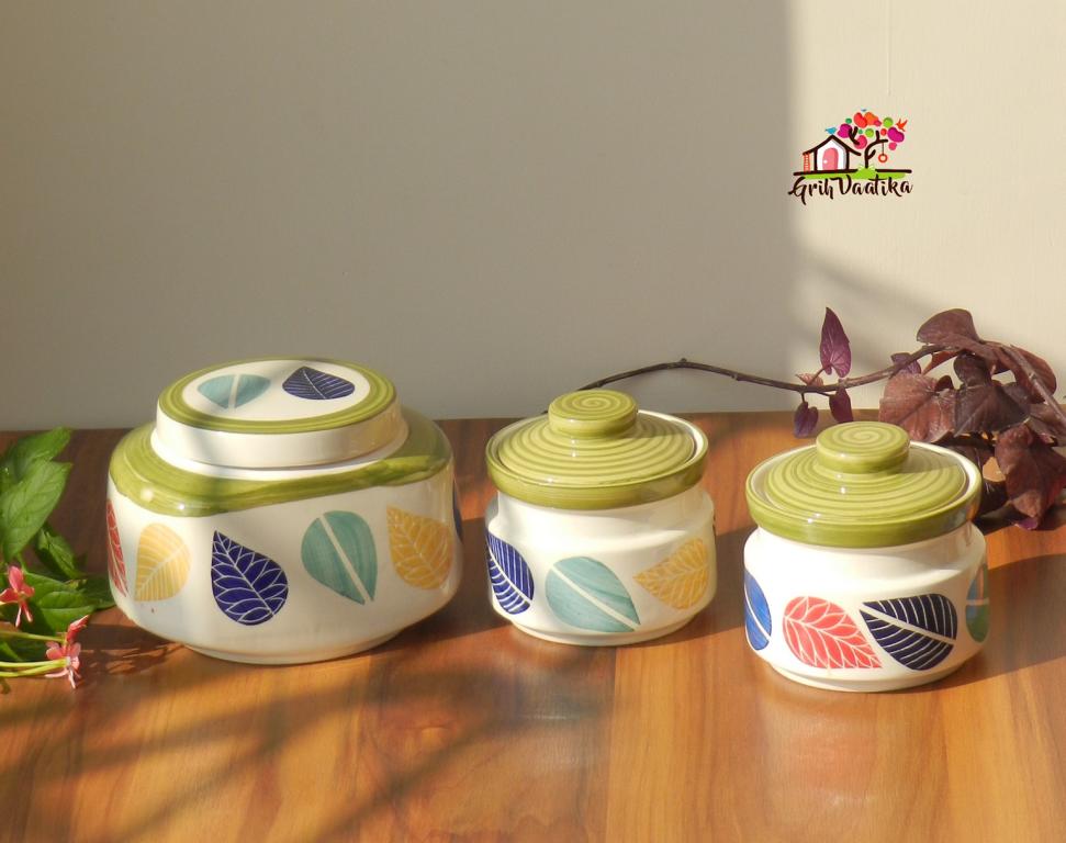 Hand painted Colourful Leaves Ceramic Kitchen Storage Jars (Set of 3)
