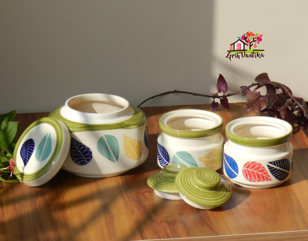 Hand painted Colourful Leaves Ceramic Kitchen Storage Jars (Set of 3)