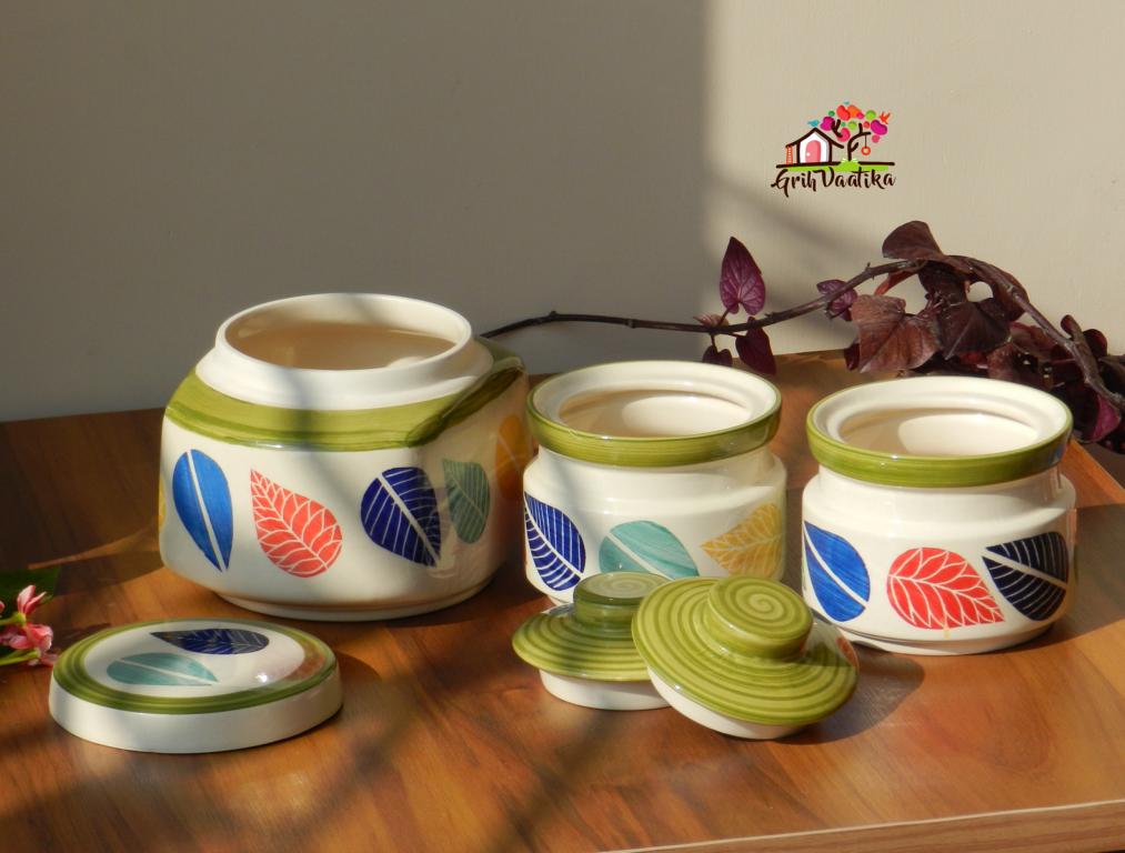 Hand painted Colourful Leaves Ceramic Kitchen Storage Jars (Set of 3)