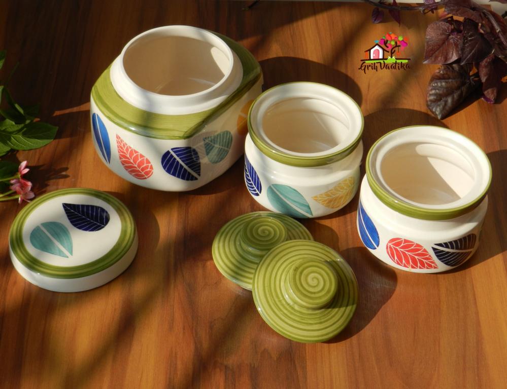 Hand painted Colourful Leaves Ceramic Kitchen Storage Jars (Set of 3)