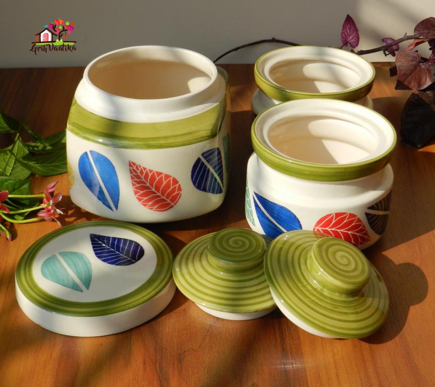 Hand painted Colourful Leaves Ceramic Kitchen Storage Jars (Set of 3)
