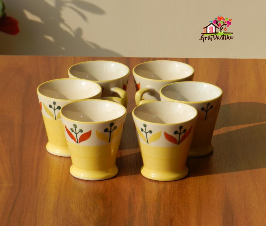 Yellow Hand painted Ceramic 'Mini Kulhad' Tea & Coffee Cups (Set of 6)