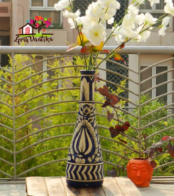 Mughal Art Handcrafted Blue Sleek Neck Ceramic Flower Vase