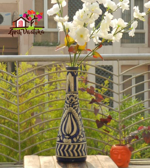 Mughal Art Handcrafted Blue Sleek Neck Ceramic Flower Vase