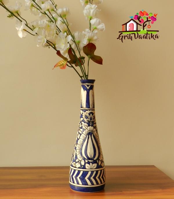 Mughal Art Handcrafted Blue Sleek Neck Ceramic Flower Vase
