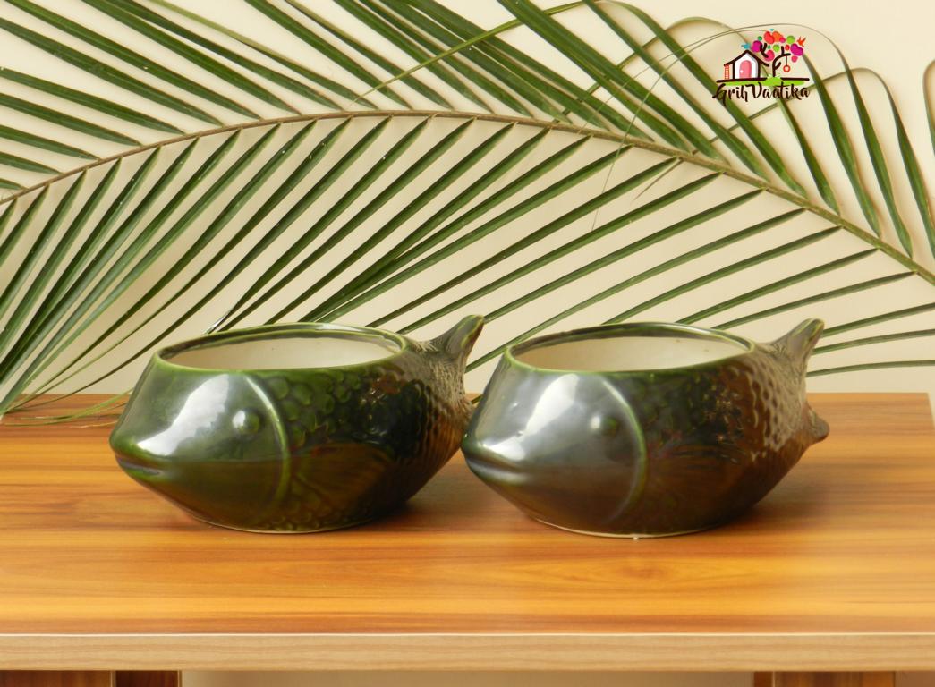 Bottle Green Ceramic Fish Planter