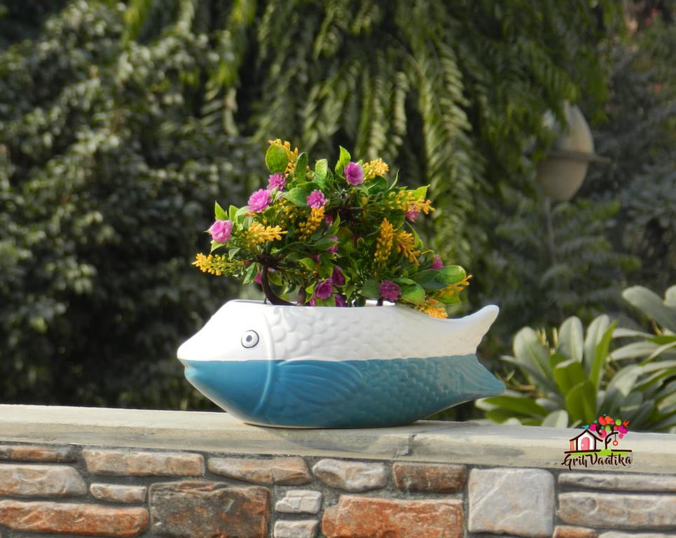 White and Blue Ceramic Fish Planter