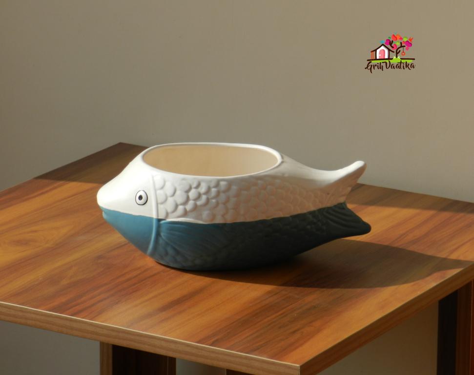White and Blue Ceramic Fish Planter