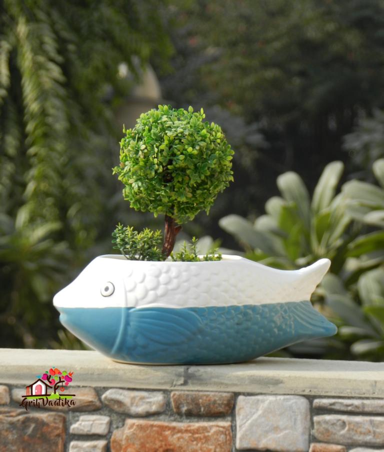 White and Blue Ceramic Fish Planter