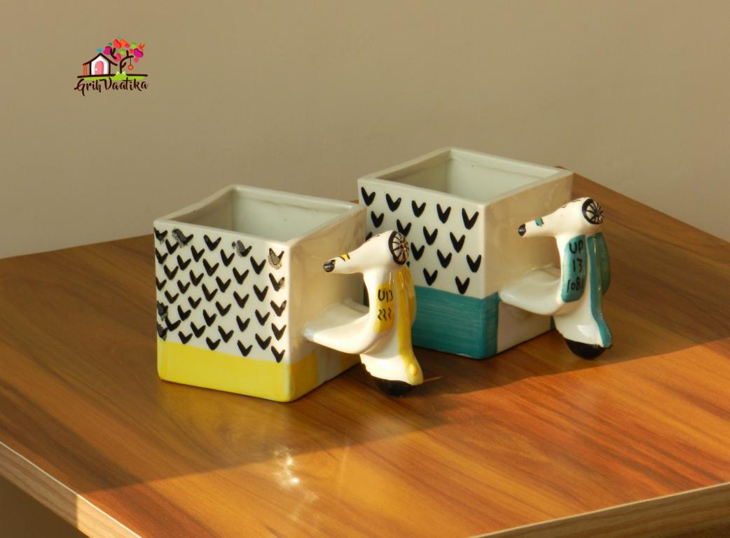 Blue Ceramic Scooter Desk Planter