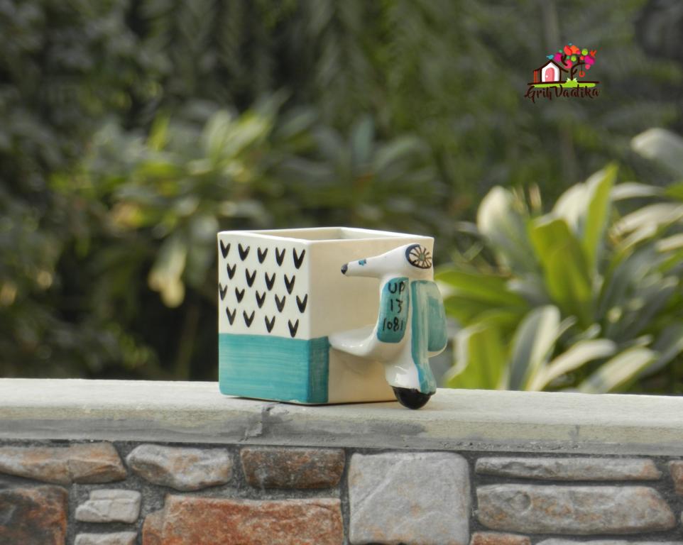 Blue Ceramic Scooter Desk Planter