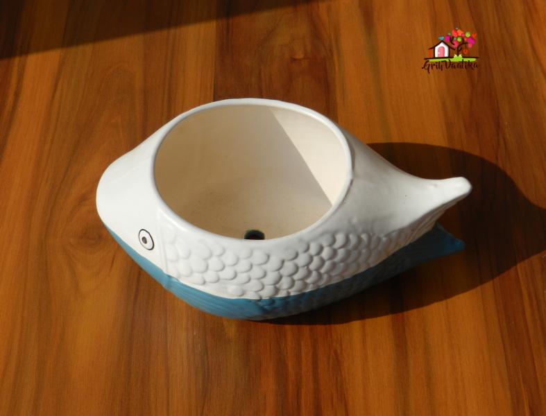 White and Blue Ceramic Fish Planter