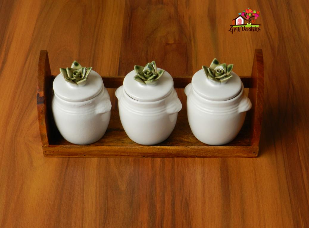 Three Cheers - White Kitchen Storage Jars (Set of 3) with Mango Wood Stand
