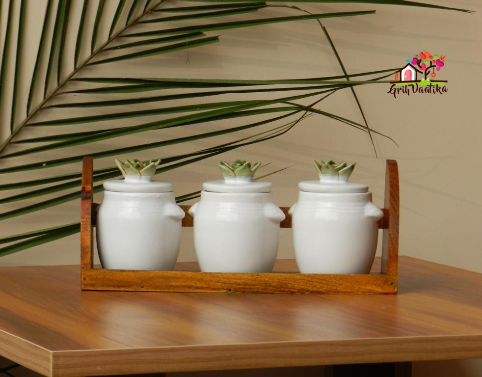 Three Cheers - White Kitchen Storage Jars (Set of 3) with Mango Wood Stand