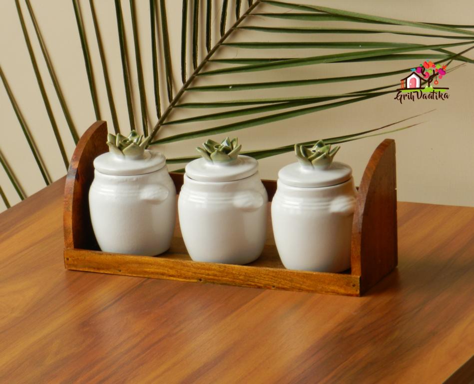 Three Cheers - White Kitchen Storage Jars (Set of 3) with Mango Wood Stand