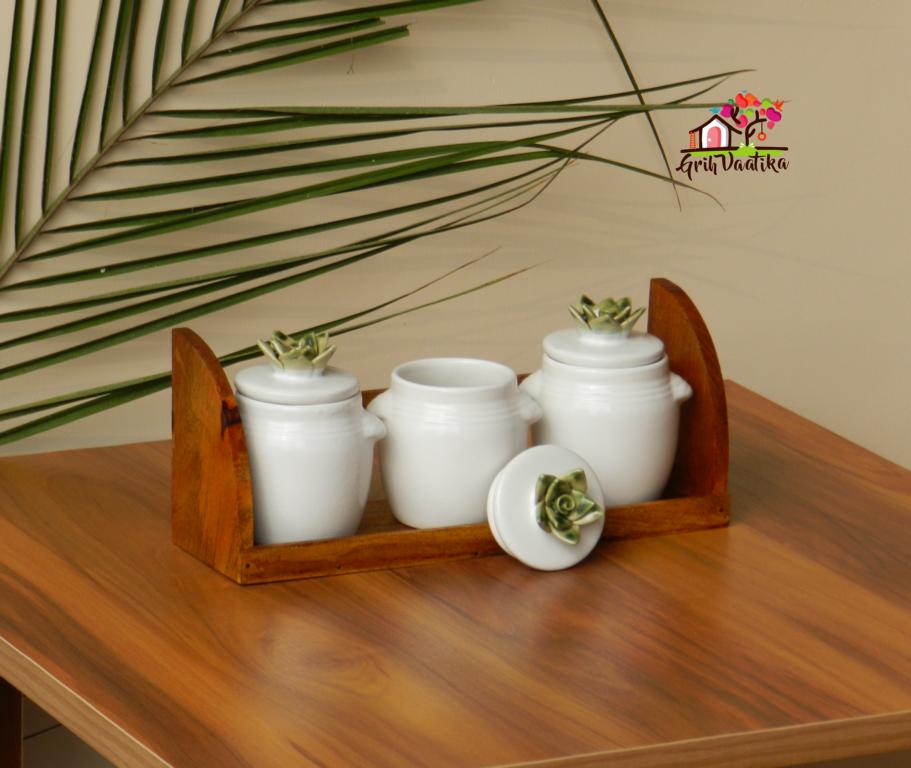 Three Cheers - White Kitchen Storage Jars (Set of 3) with Mango Wood Stand