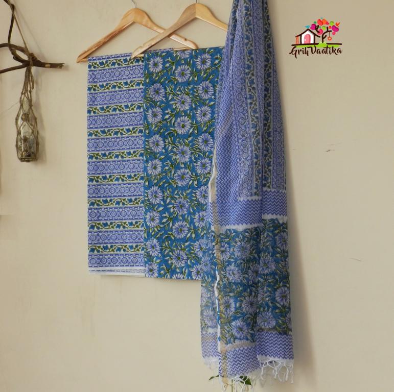Blue and Mehendi Colour Handblock Print Unstitched Cotton Suit set with Dupatta