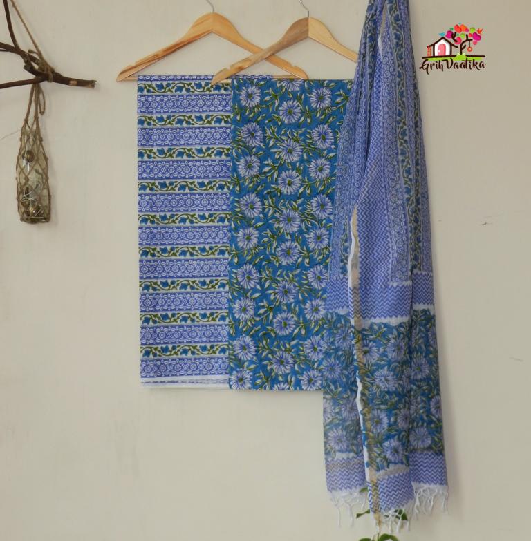 Blue and Mehendi Colour Handblock Print Unstitched Cotton Suit set with Dupatta