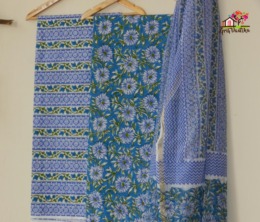 Blue and Mehendi Colour Handblock Print Unstitched Cotton Suit set with Dupatta