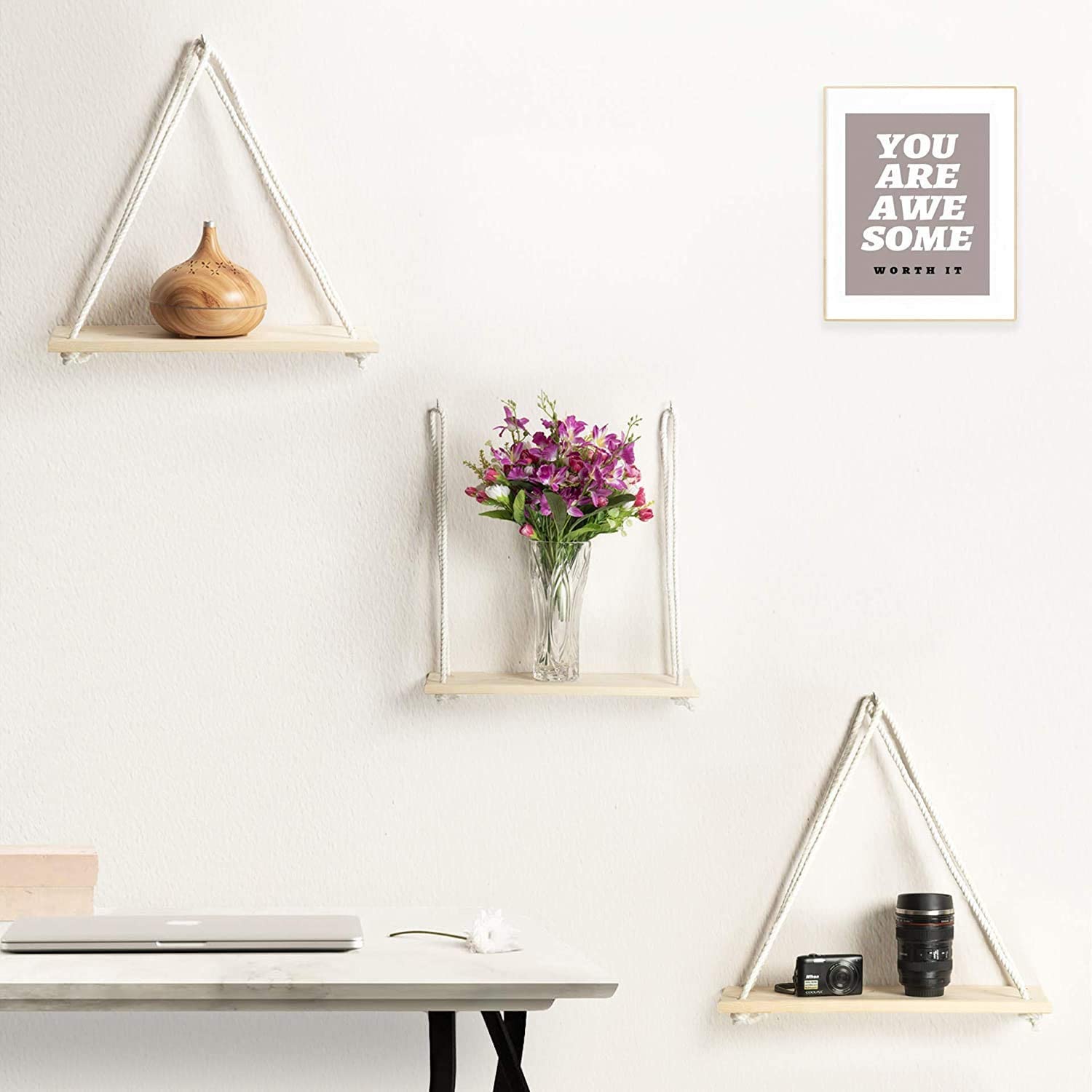 Macrame Wall Hanging Pine wood floating shelf