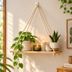 Macrame Wall Hanging Pine wood floating shelf