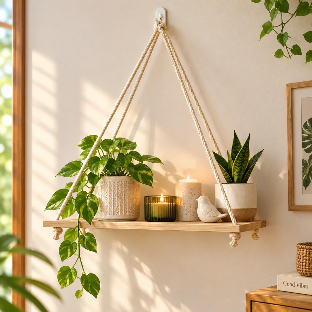 Macrame Wall Hanging Pine wood floating shelf